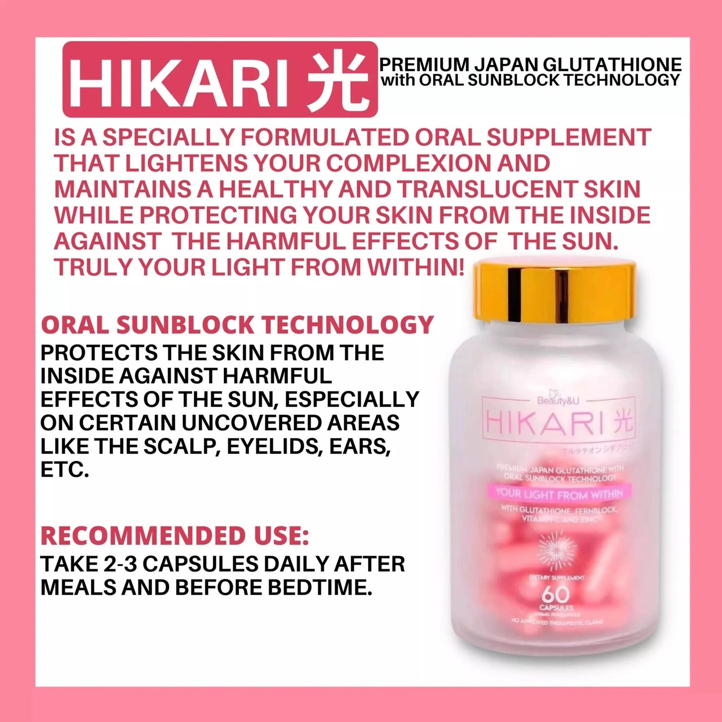 HIKARI Premium Japan Glutathione with Oral Sunblock Technology (Pink)