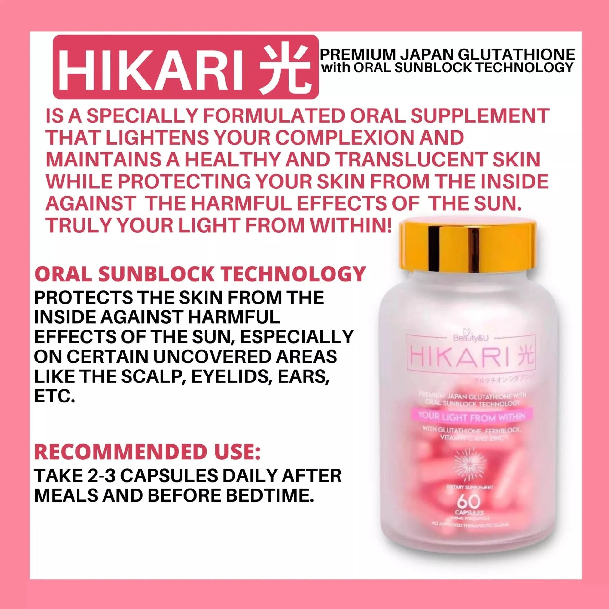 HIKARI Premium Japan Glutathione with Oral Sunblock Technology (Pink)