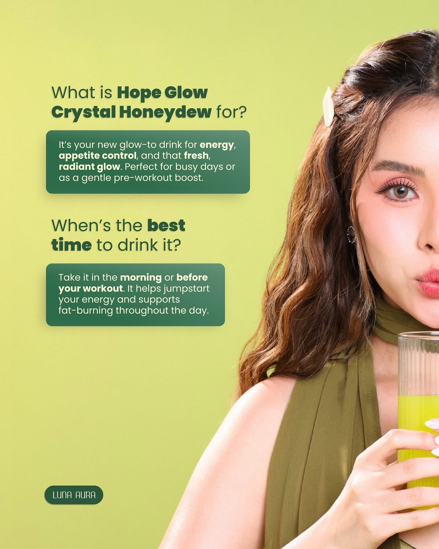 Luna Aura Hope Glow Crystal - "Honey Dew" Green Tea, Dandelion & L-Carnitine Juice Drink
