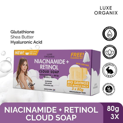 Luxe Organix Niacinamide + Retinol Cloud Soap 3 x 80g (Eco Bundle Pack)