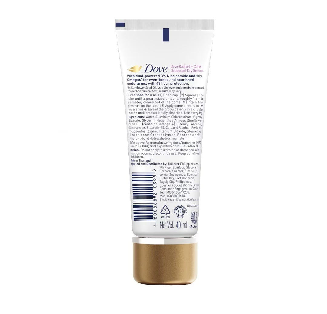 Dove Radiant + Care Deodorant Dry Serum 3% Niacinamide 10x Omega 6 Pore Smoothener 40ml