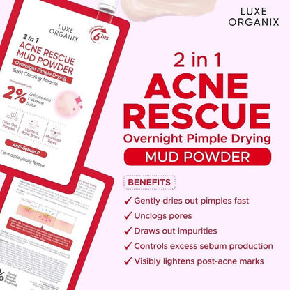 LUXE ORGANIX 2 in 1 Acne Solution Mud Powder Overnight Pimple Treatment 9g