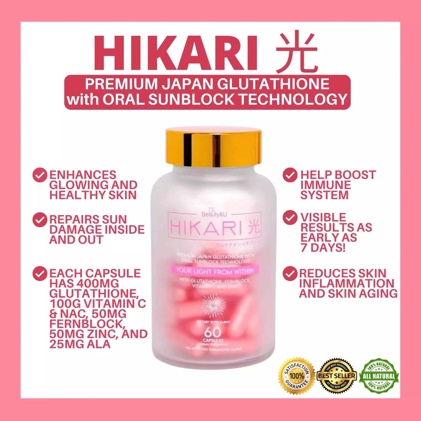 HIKARI Premium Japan Glutathione with Oral Sunblock Technology (Pink)