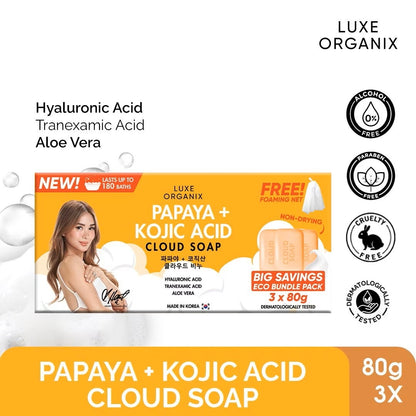Luxe Organix Papaya + Kojic Acid Cloud Soap 3 x 80g (Eco Bundle Pack)