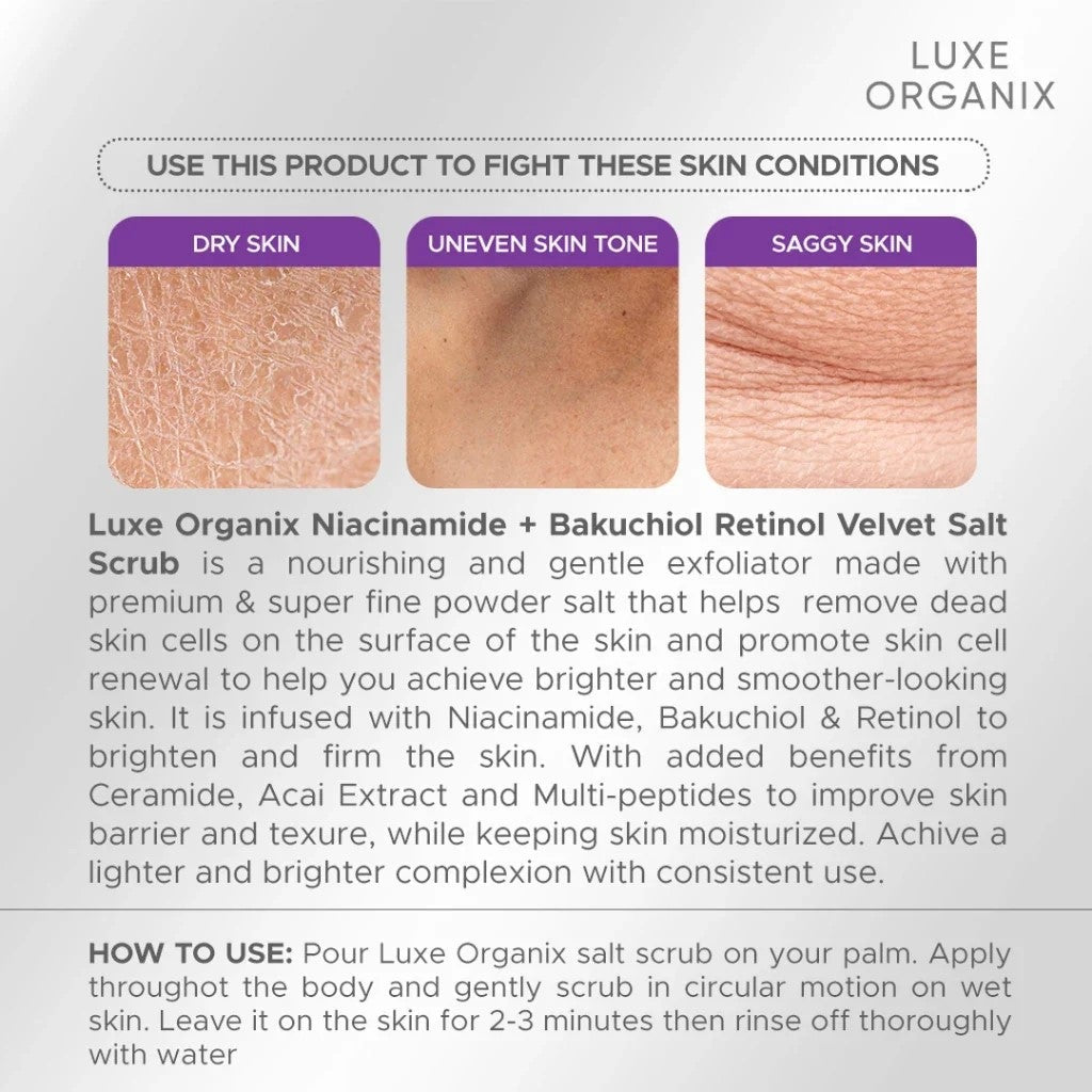 Luxe Organix Niacinamide + Bakuchiol Retinol Velvet Salt Scrub 300g