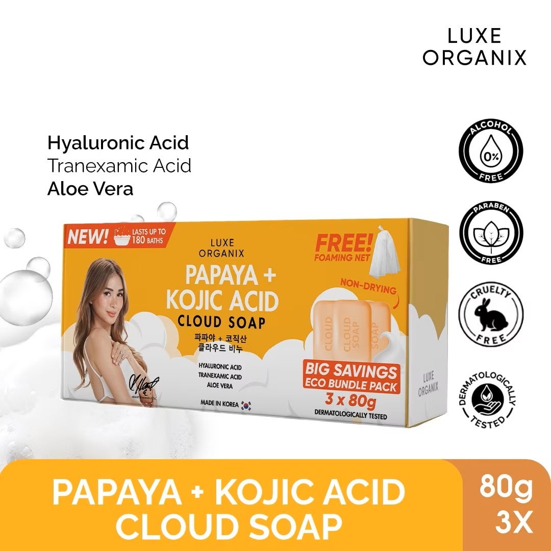 Luxe Organix Papaya + Kojic Acid Cloud Soap 3 x 80g (Eco Bundle Pack)