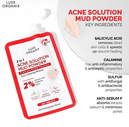 LUXE ORGANIX 2 in 1 Acne Solution Mud Powder Overnight Pimple Treatment 9g