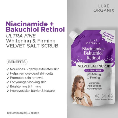 Luxe Organix Niacinamide + Bakuchiol Retinol Velvet Salt Scrub 300g