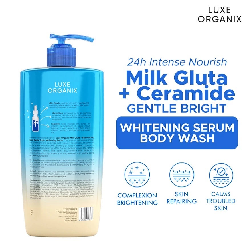 Luxe Organix Milk Gluta + Ceramide Gentle Bright Whitening Serum Perfume Infused Body Wash 1000g