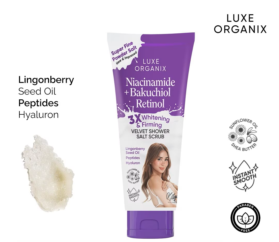 Luxe Organix Niacinamide + Bakuchiol Retinol Velvet Shower Salt Scrub 320g
