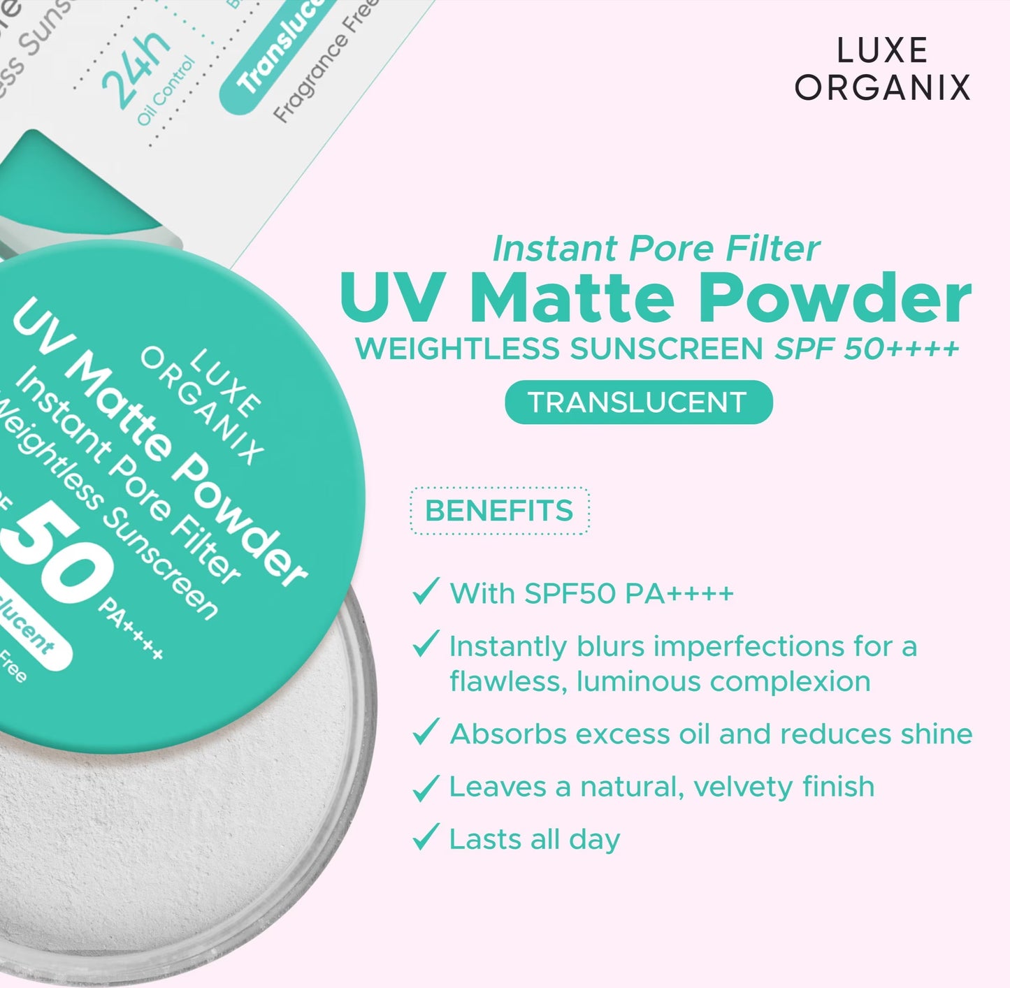 Luxe Organix 24H Zero Sebum Instant Pore Blurring Weightless Matte Powder Spf 50 Pa++++ Translucent 15G