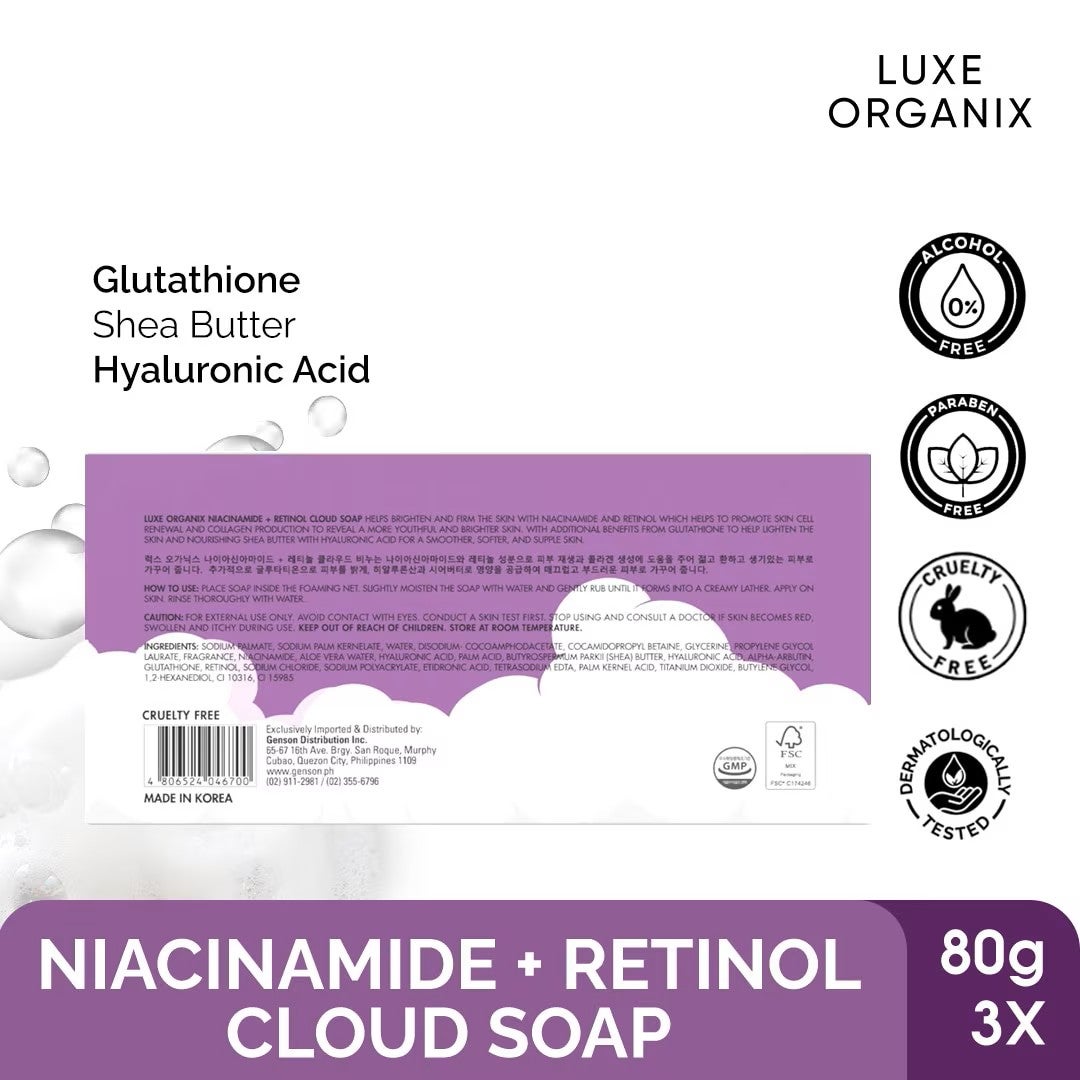 Luxe Organix Niacinamide + Retinol Cloud Soap 3 x 80g (Eco Bundle Pack)