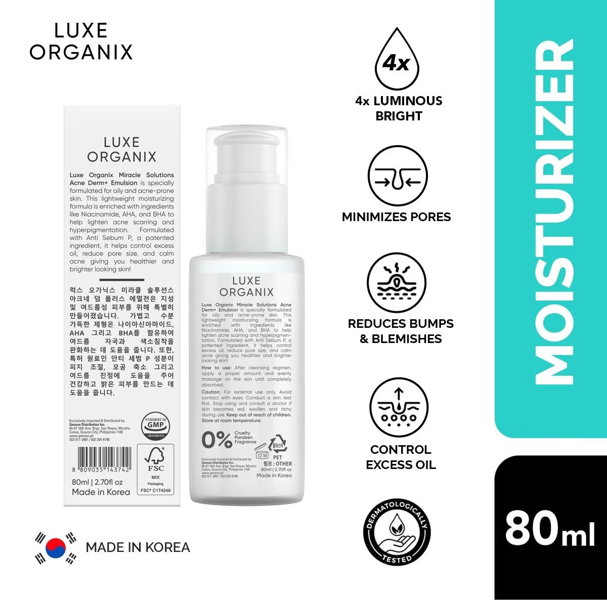 Luxe Organix Miracle Solutions AHA/BHA Acne Derm+ Emulsion 80ml