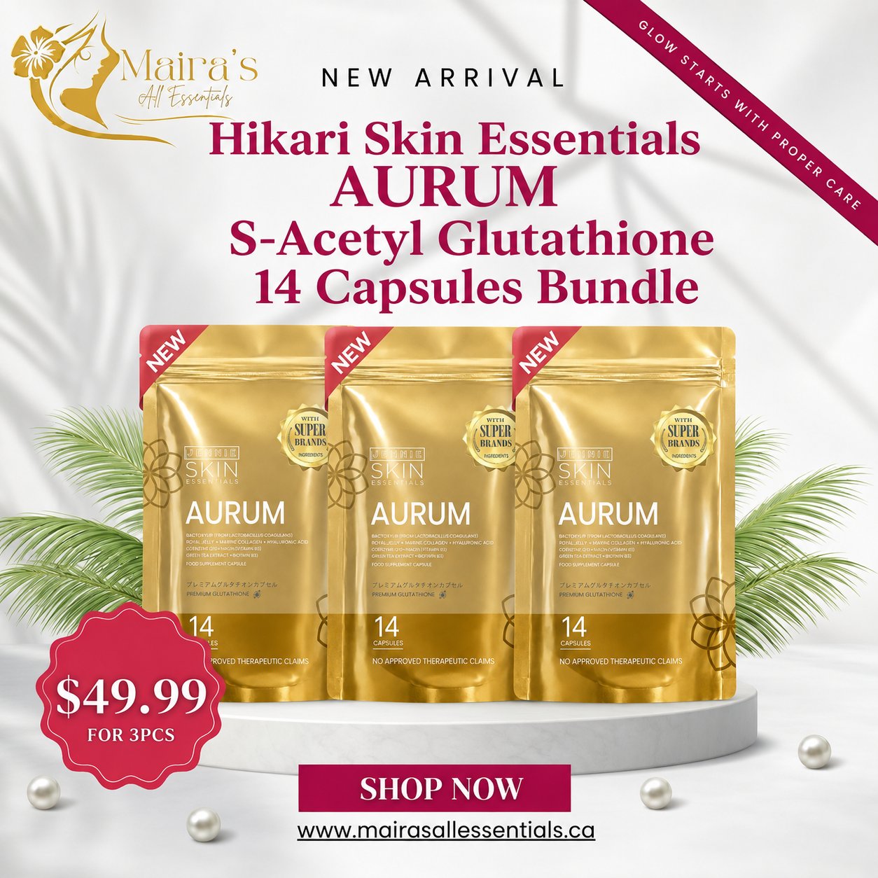 Hikari Skin Essentials AURUM S-Acetyl Glutathione 14 Capsules 3pcs BUNDLE
